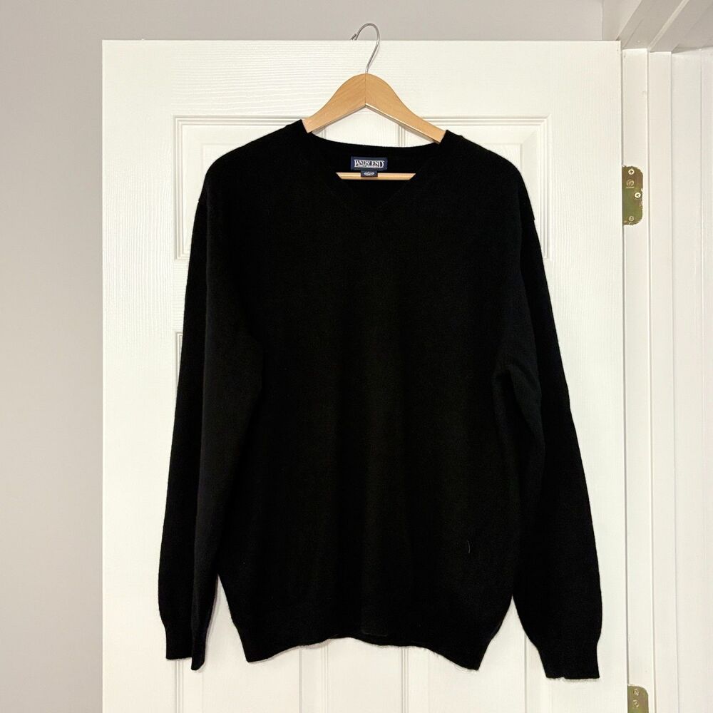 Lands End Sweater Mens Large Black 100% Cashmere Knit V Neck Pullover Old Money